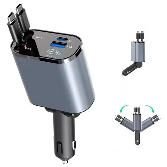 4-in-1 Retractable Car Charger - Fast Charging for iPhone & Android
