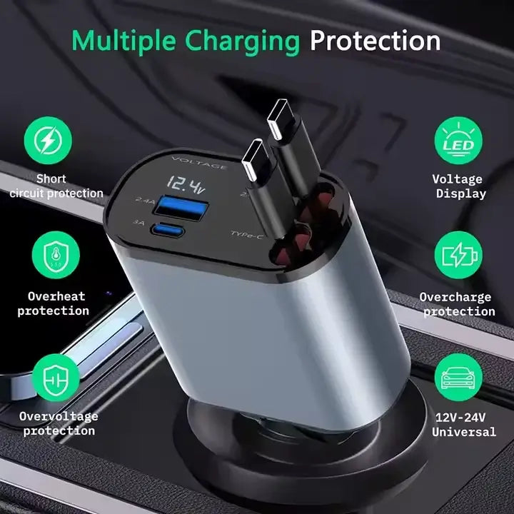 4-in-1 Retractable Car Charger - Fast Charging for iPhone & Android