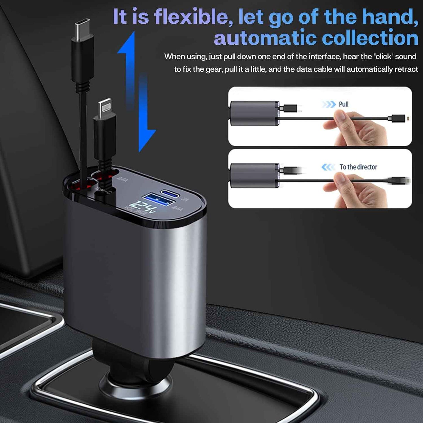 4-in-1 Retractable Car Charger - Fast Charging for iPhone & Android