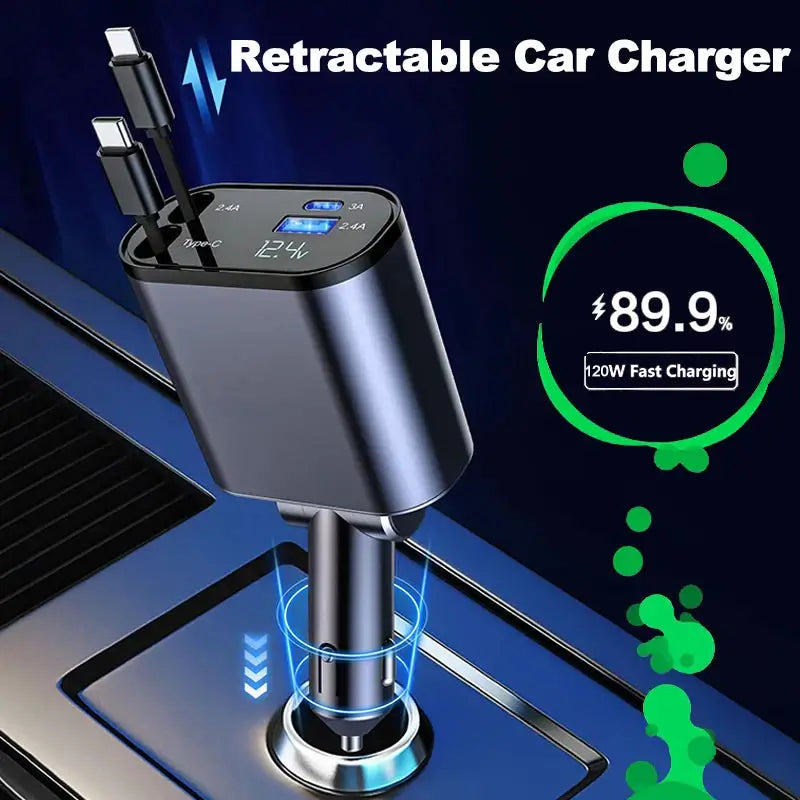 4-in-1 Retractable Car Charger - Fast Charging for iPhone & Android