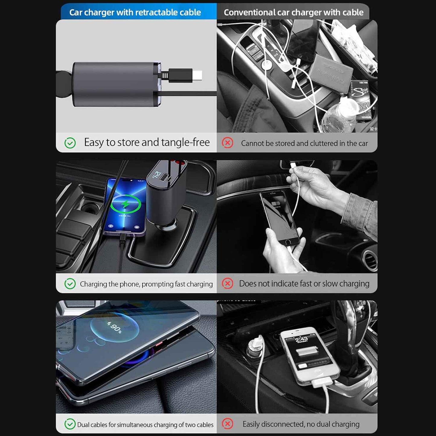 4-in-1 Retractable Car Charger - Fast Charging for iPhone & Android