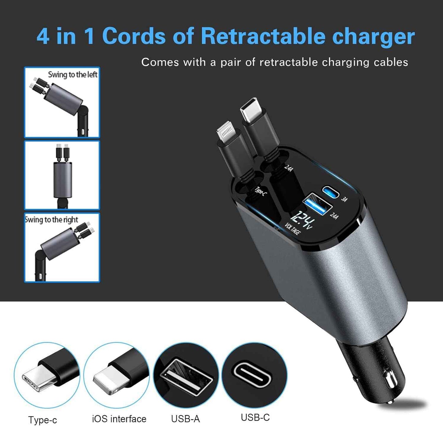 4-in-1 Retractable Car Charger - Fast Charging for iPhone & Android